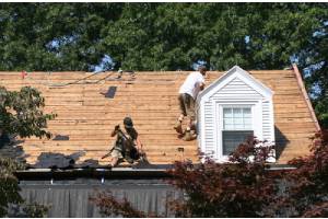 Two men removing roof shingles