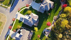 aerial shot of suburban roofs in Fairfax, Virginia