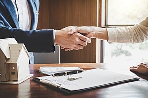 Two people shaking hands in a business meeting.