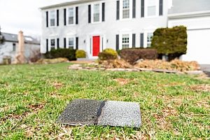 a roof shingle laying in the yard of a homeowner who decided to learn how to repair roof shingles blown off